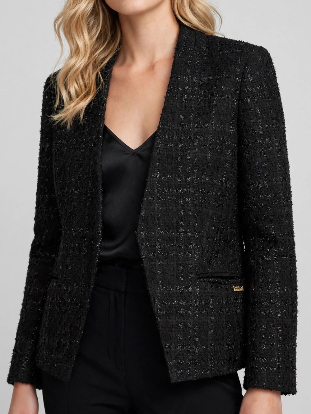 NWT Calvin Klein Tweed Blazer Jacket 6 Black Silver Metallic Boucle Open Front - Picture 2 of 13